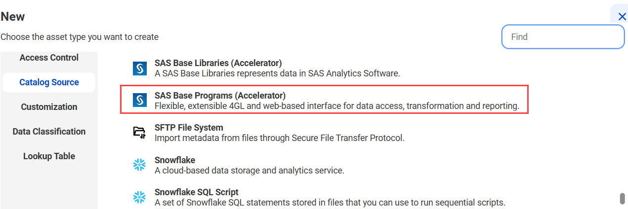 The image shows the list of catalog sources with the SAS Base Programs catalog source type selected and an option to create a new catalog source.
