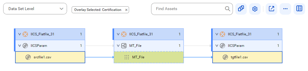 The data set level lineage diagram starts at the srcfile1.csv reference data set of a reference source system and provides output to the tgtfile1.csv reference data set using the MT_File mapping task instance.