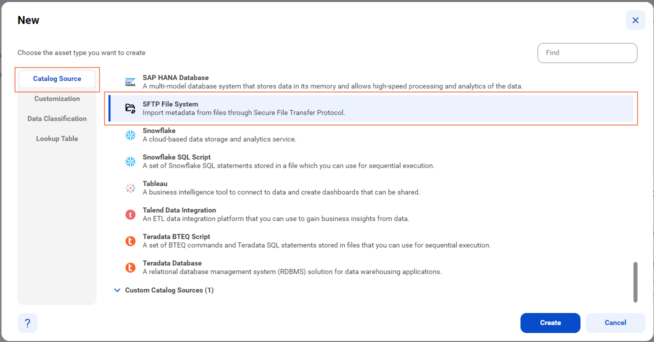 The SFTP File System catalog source type is visible on the New catalog source page.