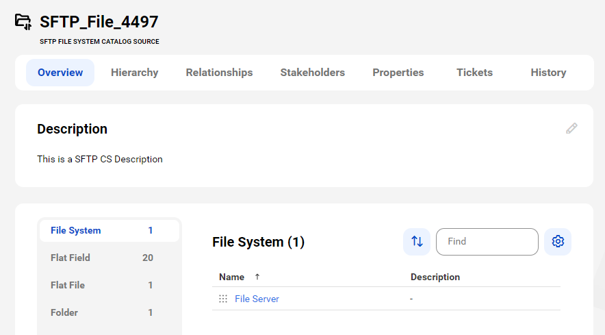 A sample SFTP File System asset page with tabs that allow you to view the asset.