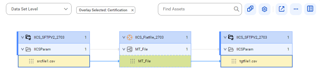 The data set level lineage diagram starts at the srcfile1.csv source flat file and provides output to the tgtfile1.csv target flat file using the MT_File mapping task instance.