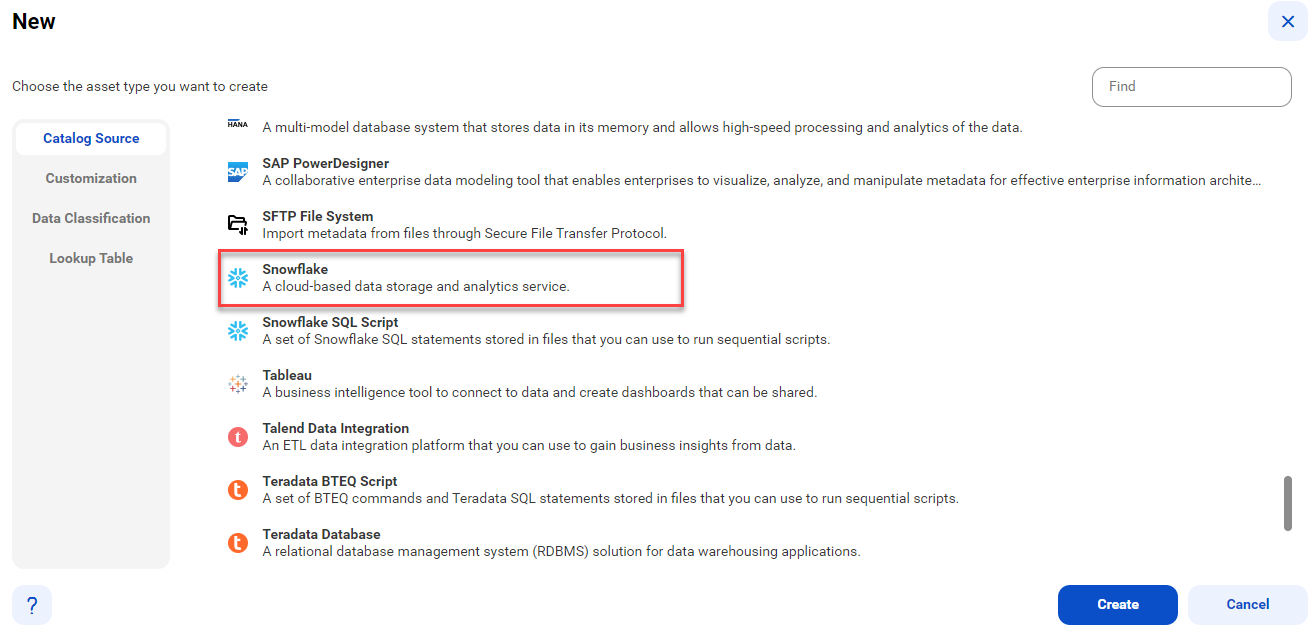 The image shows the list of catalog sources with the Snowflake catalog source selected and an option to create a new catalog source.