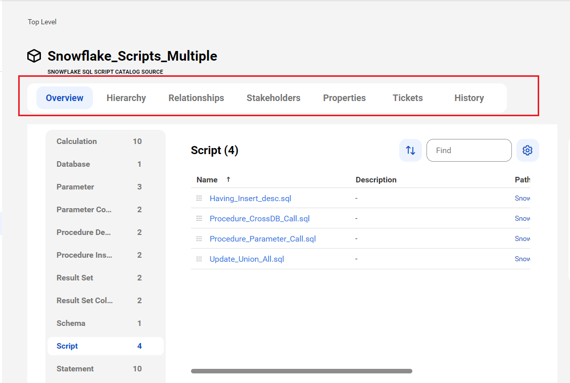 The image shows a sample Snowflake SQL script asset page with tabs that allow you to view the asset.