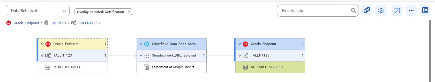 The data set level lineage diagram starts at the MONTHLY_SALES table and provides output to the DS_TABLE_ALTERED table after connection assignment.