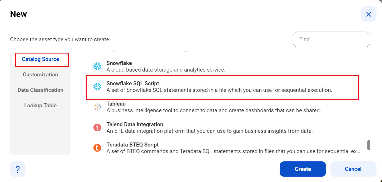 The image displays a list of catalog sources and the Snowflake SQL Script catalog source selected.
