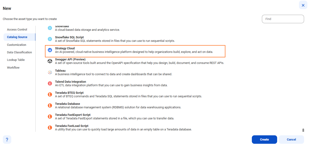 The image shows the list of catalog sources with the Strategy Cloud catalog source type selected and an option to create a new catalog source.