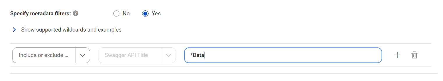 The Filters area for the Swagger API catalog source includes a text field to enter attribute values.