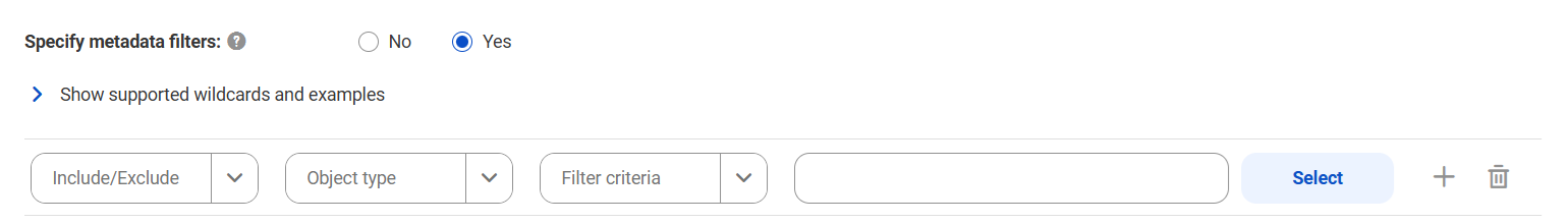 The image shows the Filters area for the Tableau catalog source. You can choose to include or exclude metadata and enter values to specify the location.