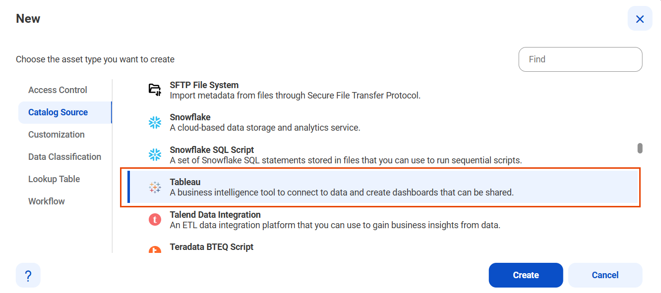 The image shows the list of catalog sources with the Tableau catalog source selected and an option to create a new catalog source.