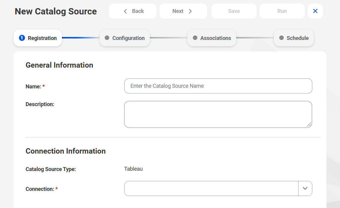 The image shows the New Catalog Source page with the Tableau catalog source type selected.