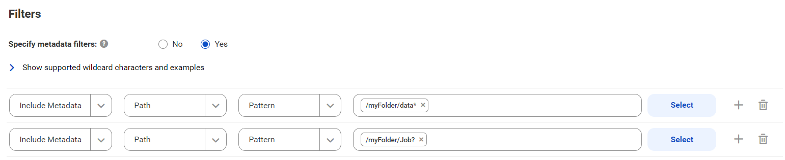 The image shows the filter conditions for a Talend Data Integration catalog source that includes metadata from all jobs and folders within the folder 'myFolder' that start with the prefix 'data' or includes metadata from all jobs within the folder 'myFolder' that start with the prefix 'Job' followed by a single character.