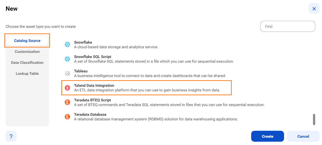 The image shows the list of catalog sources with the Talend Data Integration catalog source selected and an option to create a new catalog source.