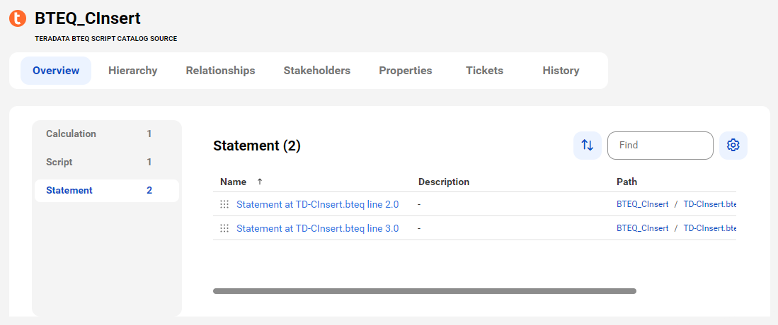 A sample Teradata BTEQ Script asset page with tabs that allow you to view the asset.