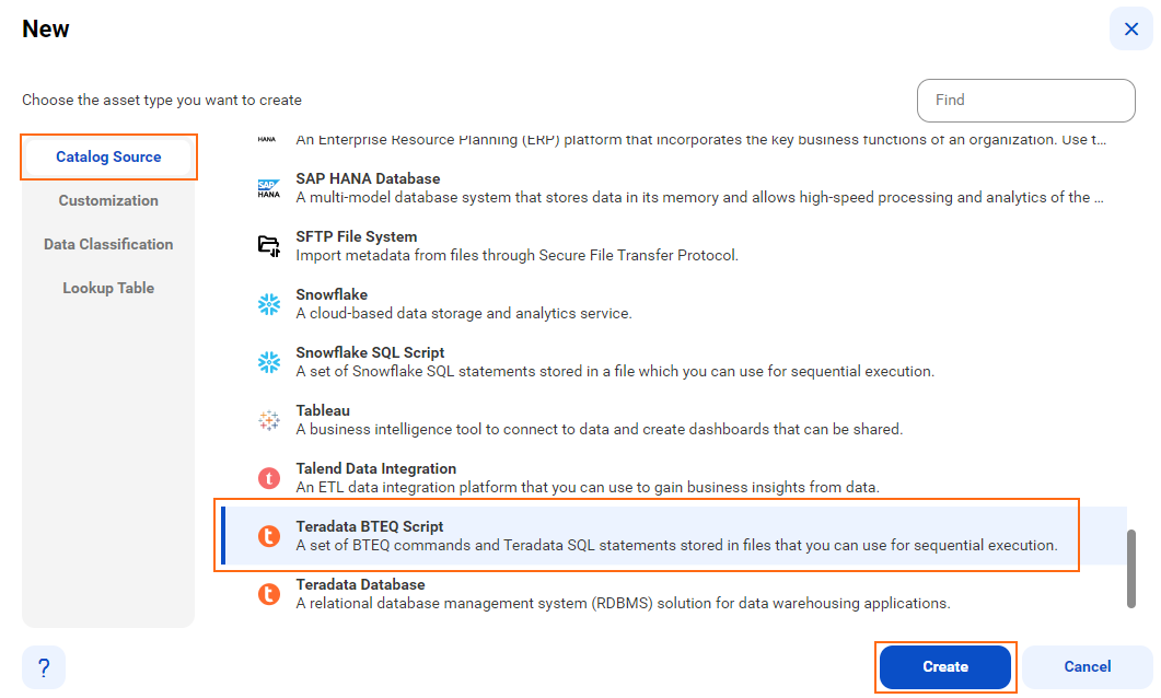 The list of catalog sources is visible with the Teradata BTEQ Script catalog source selected and an option to create a new catalog source.