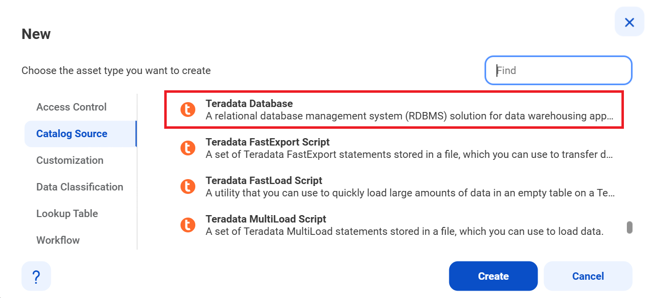 The image shows the list of catalog sources with the Teradata Database catalog source selected and an option to create a new catalog source.