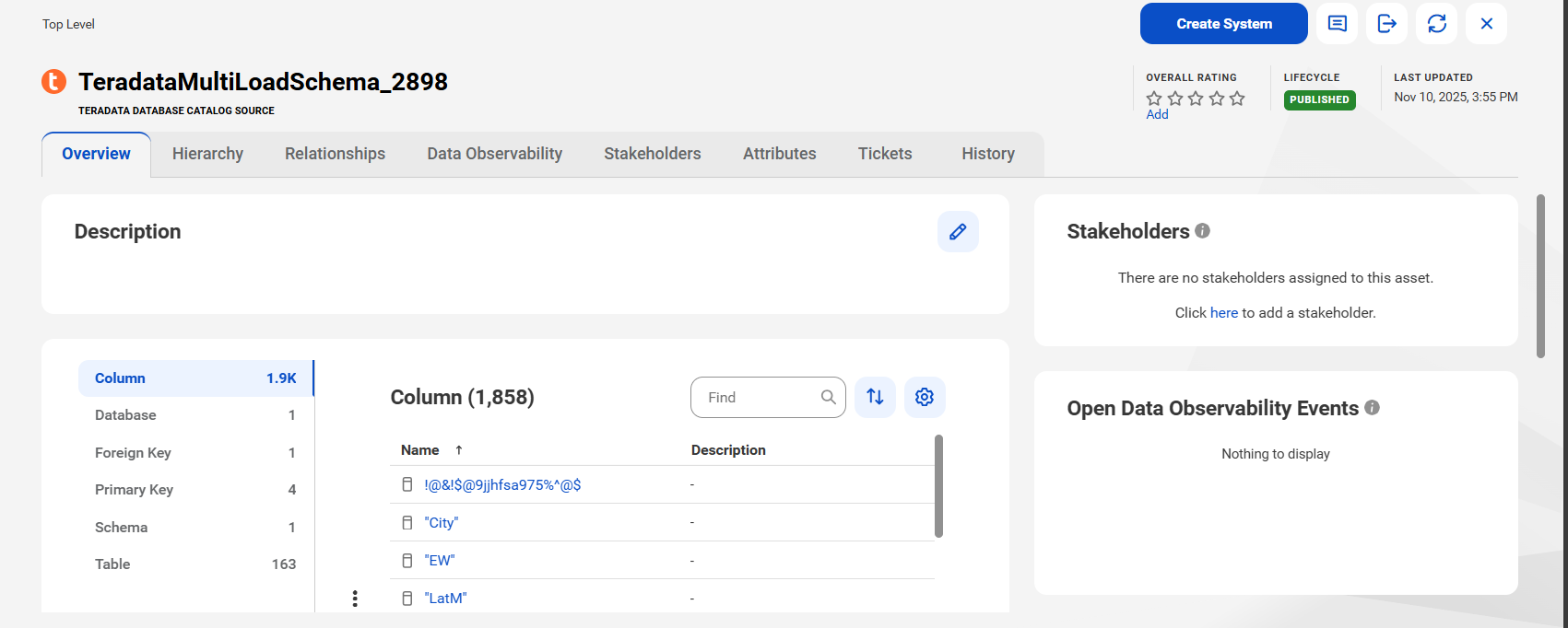 The image shows a sample Teradata Database asset page with tabs that allow you to view the asset