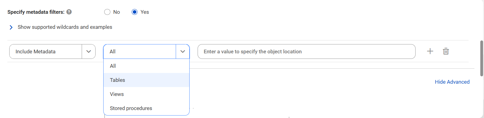The image shows the filter conditions for the catalog source. It shows 'All', 'Tables', 'Views', and 'Stored procedures' as the object types