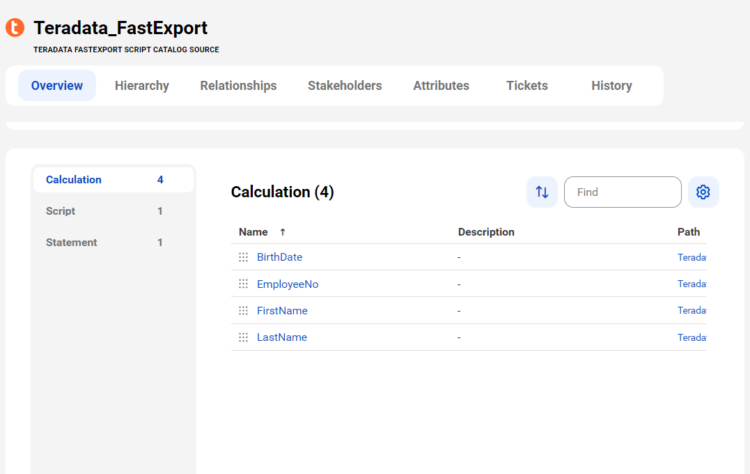 The image shows a sample Teradata FastExport Script asset page with tabs that allow you to view the asset.