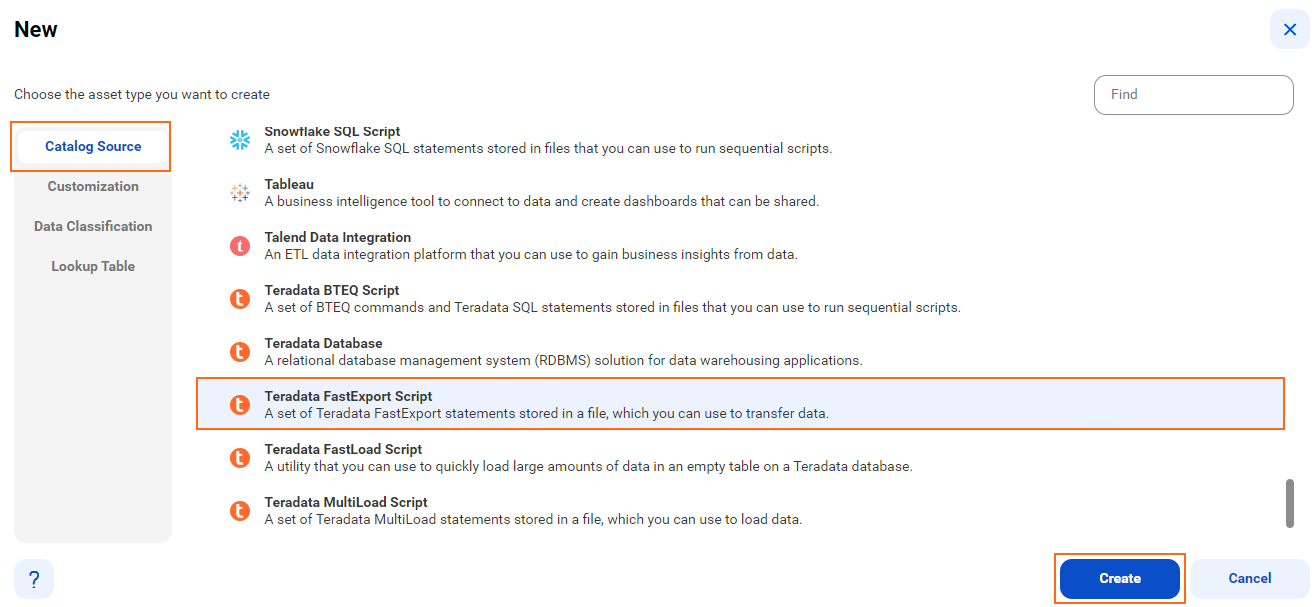 The image shows the list of catalog sources with the Teradata FastExport Script catalog source selected and an option to create a new catalog source.