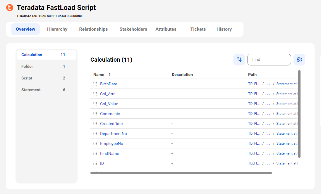 A sample Teradata FastLoad Script asset page is visible with tabs that allow you to view the asset.