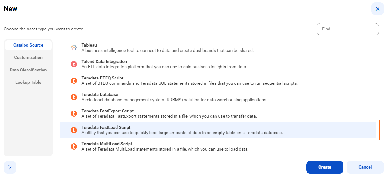The list of catalog sources is visible with the Teradata FastLoad Script catalog source selected and an option to create a new catalog source.