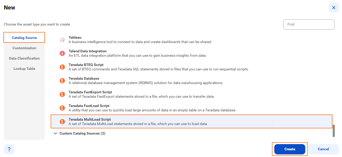 The image shows the list of catalog sources with the Teradata MultiLoad Script catalog source selected and an option to create a new catalog source.