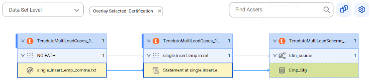 The data set level lineage diagram shows a data set level lineage that gets data from the single_insert_emp_comma.txt text file and inserts it into the Emp_Stg target table after connection assignment to the target.