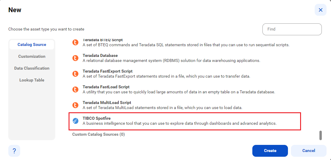 The image shows the list of catalog sources with the TIBCO Spotfire catalog source selected and an option to create a new catalog source.