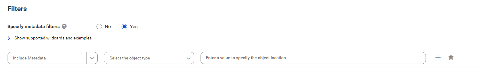 The image shows the Filters area for the TIBCO Spotfire catalog source. You can choose to include metadata from objects such as reports or folders and enter values to specify the object location.