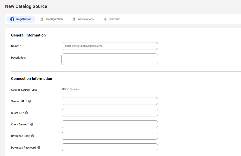 The image shows a TIBCO Spotfire Registration tab with General Information and Connection Information areas.