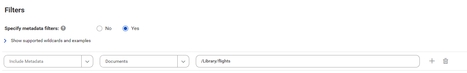 The image shows the filter conditions for a TIBCO Spotfire catalog source that includes metadata from a library subset specified in a Spotfire library.