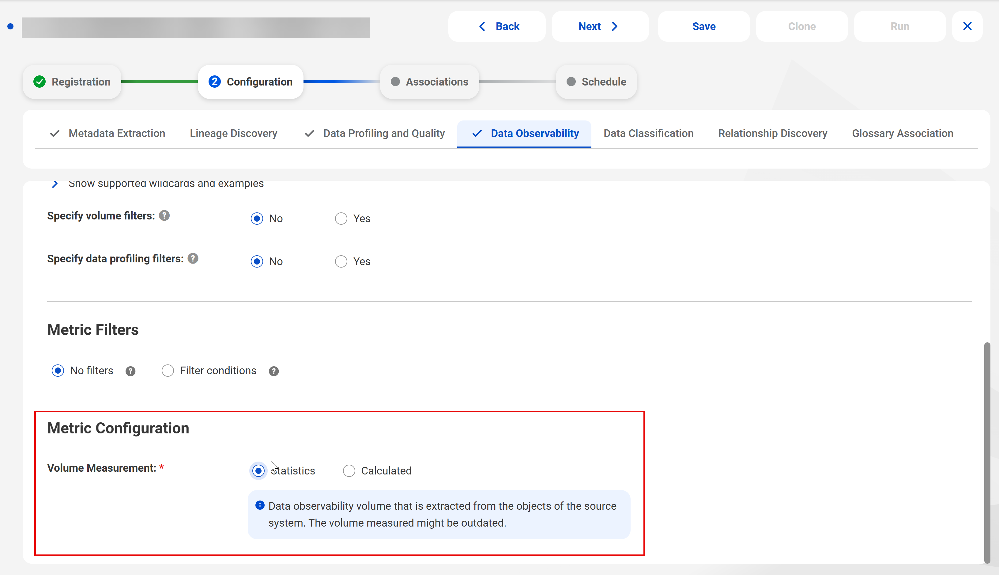 The Data Observability tab on a catalog source configuration page. The Metric Configuration panel is highlighted and Statistics is selected.