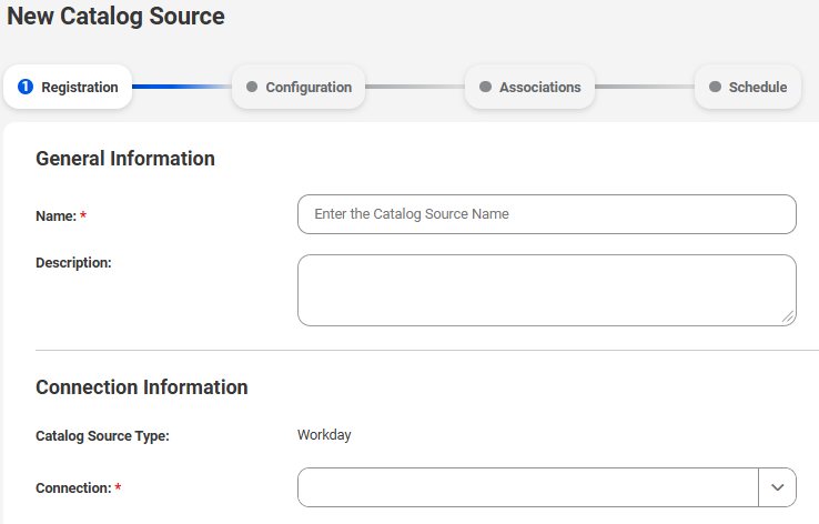 The image shows the New Catalog Source page with the Workday catalog source type selected.
