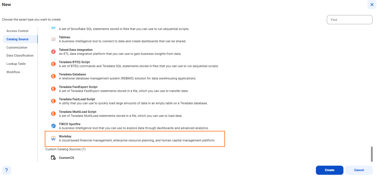 The image shows the list of catalog sources with the Workday catalog source selected and an option to create a new catalog source.