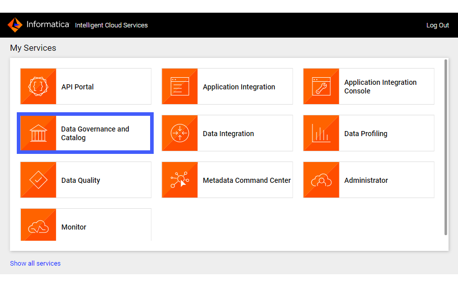 The screenshot shows the Informática Intelligent Cloud Services selection screen with Data Governance and Catalog highlighted.