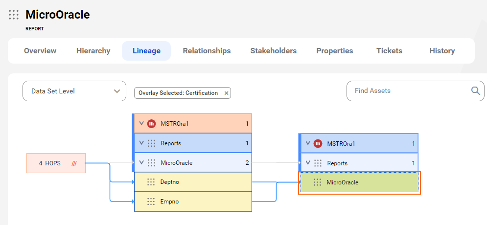 The MicroOracle report lineage diagram starts at the source level and shows how Deptno and Empno attributes get represented in a target MicroOracle report format.