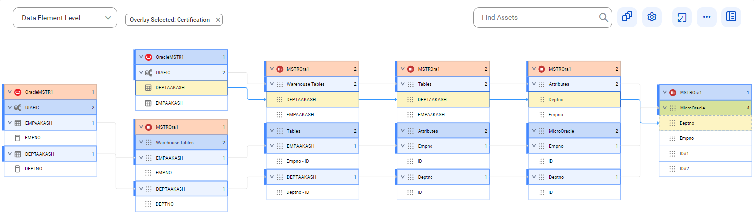 The data element level lineage diagram starts at the Oracle source system, connects to the MicroStrategy source system through a warehouse table, and provides the Deptno and Empno attributes from tables to the target MicroOracle report.