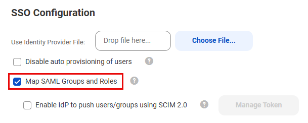 The Map SAML Groups and Roles check box under SSO Configuration on the SAML Setup page is enabled.