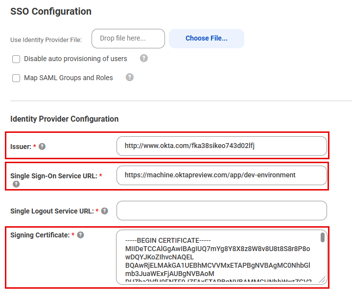 The following fields in the Identity Provider Configuration section of the SAML Setup page are highlighted: Issuer, Single Sign-On Service URL, and Signing Certificate.