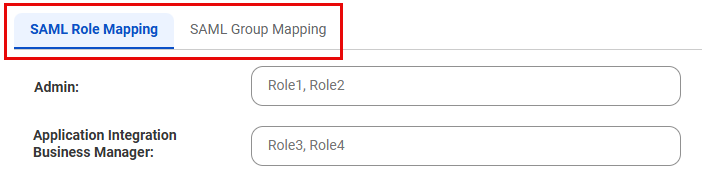 The SAML Role Mapping and SAML Group Mapping tabs on the SAML Setup page.