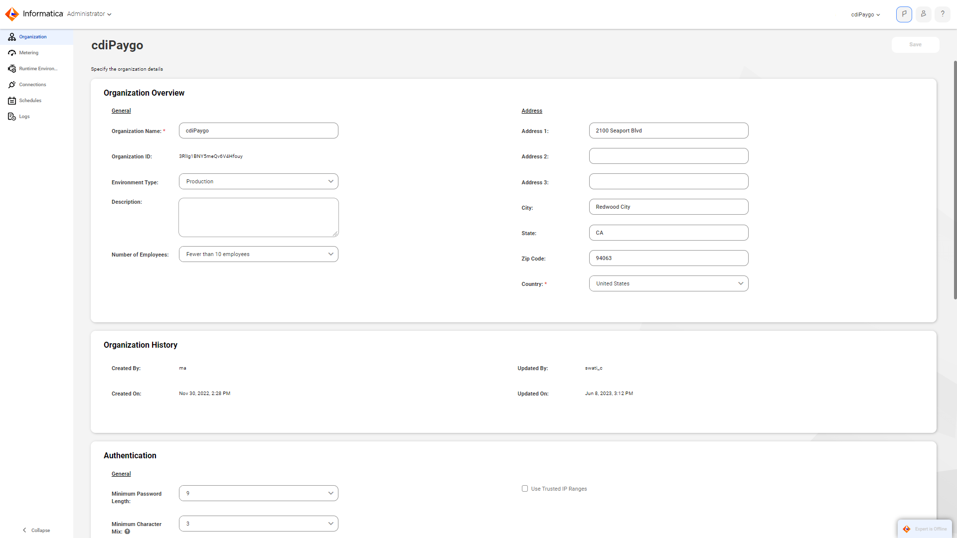 The Organization page contains organization information like the organization name and address, history data, and authentication settings. You can use the navigation menu on the left to switch to the following pages: Organization, Metering, Runtime Environments, Connections, Schedules, and Logs.