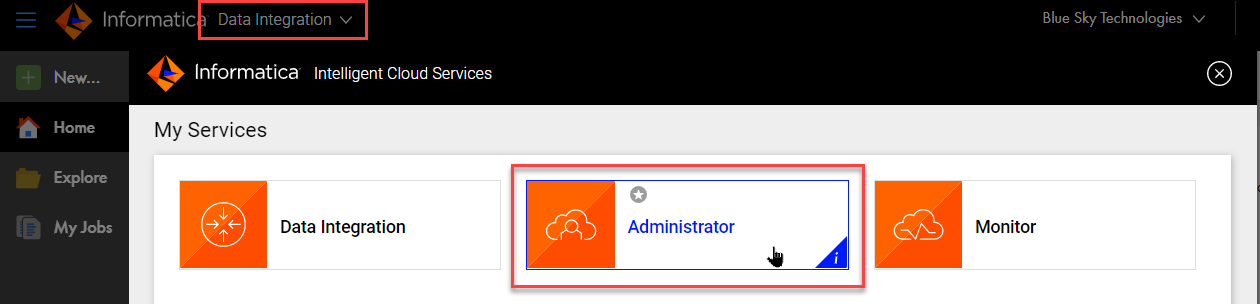 To switch to Administrator, click Data Integration in the upper left corner, and then select Administrator from the My Services page.