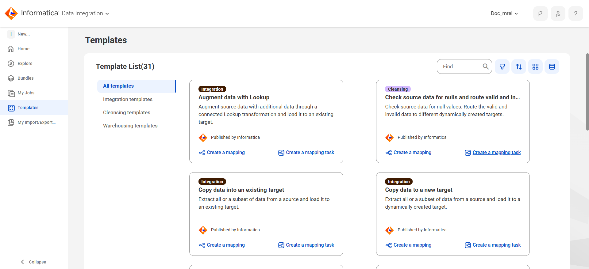 Mapping templates are available on the Templates page. In this image, the All templates tab is open and shows four templates. The page also has tabs for Integration templates, Cleansing templates, and Warehousing templates. Each template has an option to create a mapping task or a mapping based on the template.