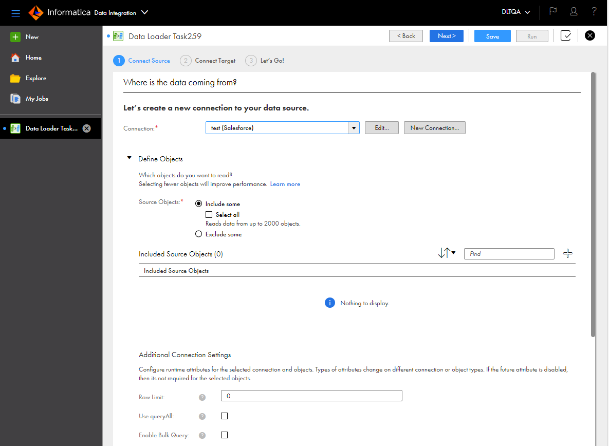 The Connect Source page shows the selected source connection and source name prefix. Some source types show other fields such as the path. The page also contains an option to load to existing tables or create new tables every time the task runs.