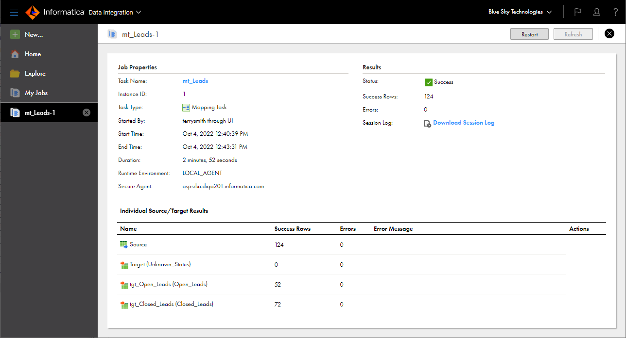 The job details for a mapping task instance shows the job properties and results. It also shows the number of success and error rows for each source and target.