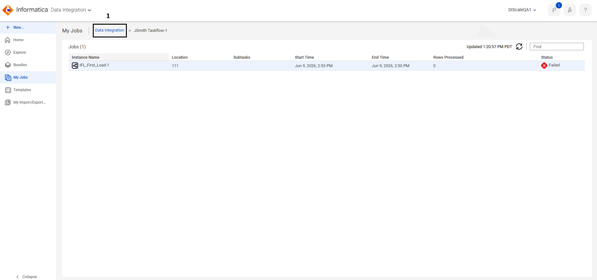 When you view subtasks, the My Jobs page lists the subtasks within the parent task or taskflow. In this image, the data loader task has two subtasks. Click "Data Integration" to close the subtasks view and return to the My Jobs page.
