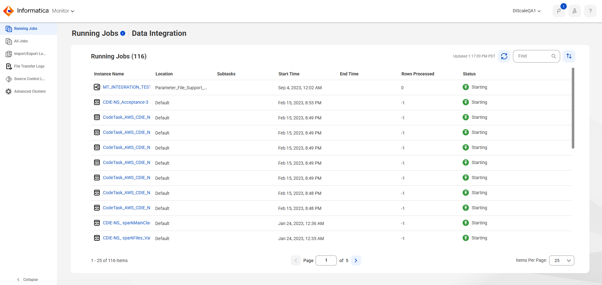 In this image, the Running Jobs page lists the jobs that are running or have completed in the last five minutes. By default, the page lists the instance name, location, subtasks, start time, end time, number of rows processed, and status for each job. In this image, the Running Jobs page lists the jobs that are running or have completed in the last five minutes. By default, the page lists the instance name, location, subtasks, start time, end time, number of rows processed, and status for each job.
