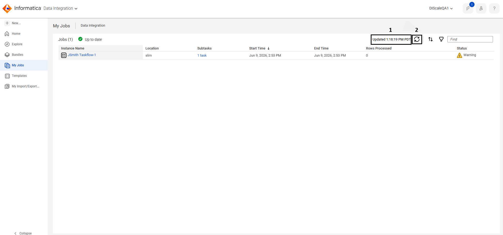 In this image, the My Jobs page lists the jobs that were started by the currently logged in user. By default, the page lists the instance name, location, subtasks, start time, end time, number of rows processed, and status for each job. The status message at the top of the page indicates that the information on the page is up-to-date.