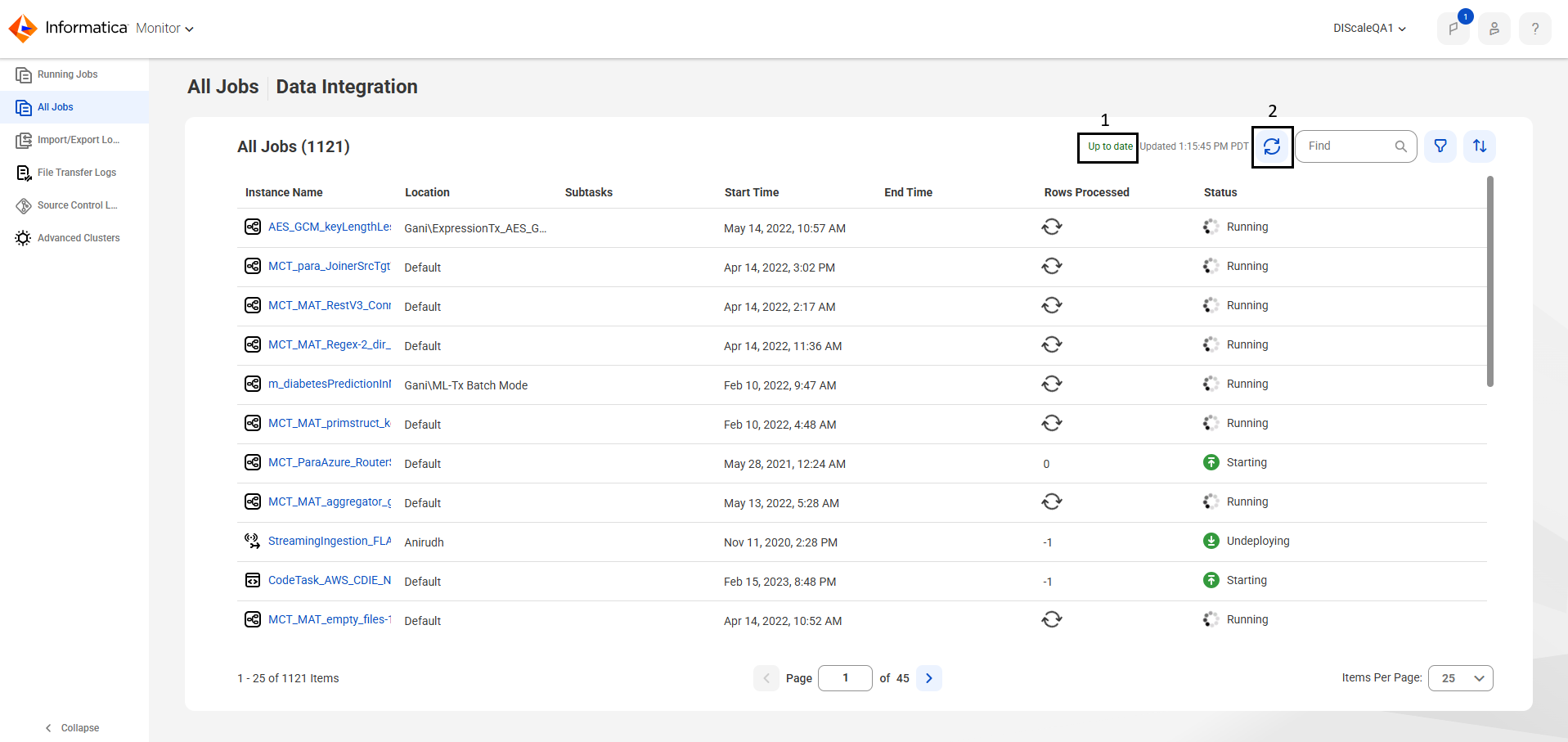 In this image, the All Jobs page lists the jobs for the organization. By default, the page lists the instance name, location, subtasks, start time, end time, number of rows processed, and status for each job. The status message at the top of the page indicates that the information on the page is up-to-date.