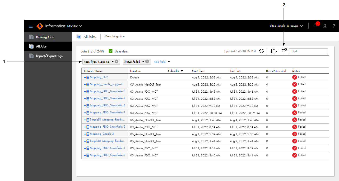 In this image, the “Asset Type” and “Status” filters have been applied to show only failed mappings.